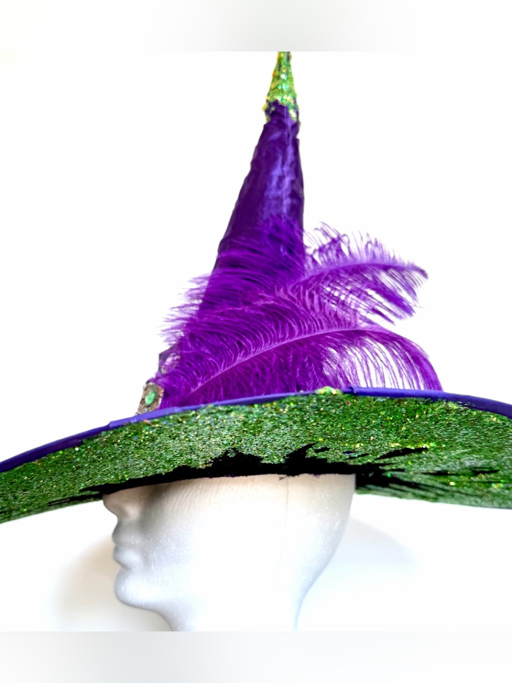 Purple Witch Hat satin ostrich feathers Green sparkle Trim brim one size adult - Picture 7 of 12